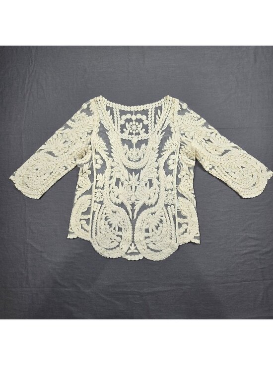 Tops - Boho Sheer Lace Small Top Floral Embroidered Festival Off-White Western